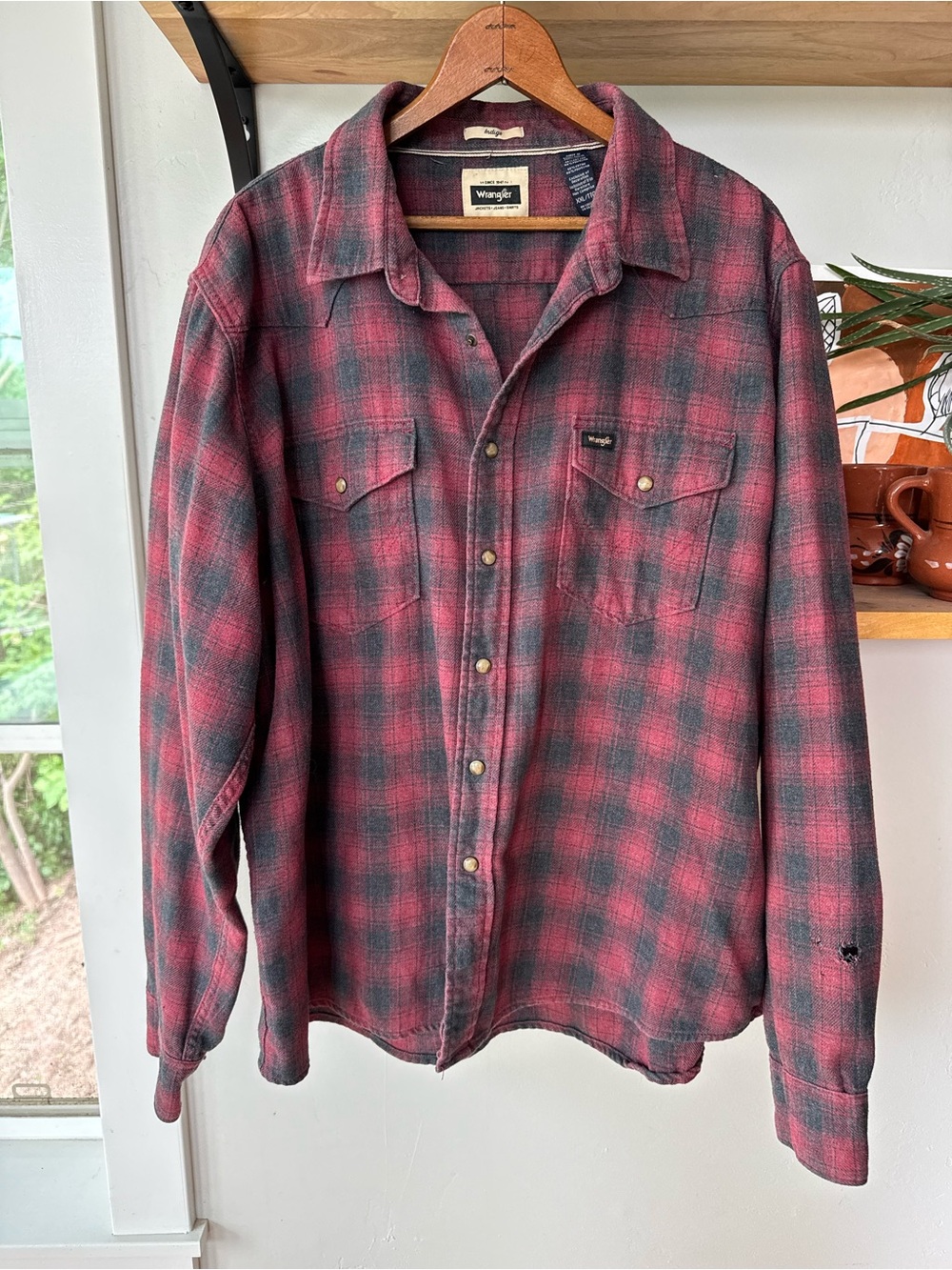 Vintage Wrangler Red Gray Plaid Distressed Grunge Snap Button Flannel Shirt XXL